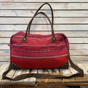 Vintage Red Woven Tapestry Oversized Crossbody Weekender Bag Large
